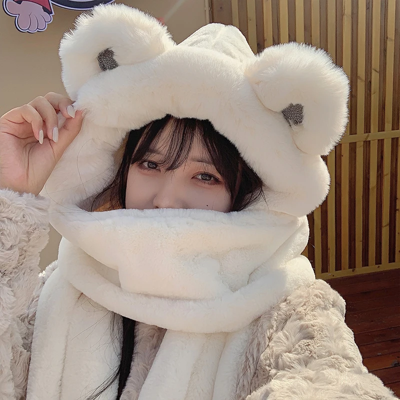 

2022 New Winter Thickened Bear Hat Scarf All-in-one Female Korean Version Cute Fashion Cycling Warm Gloves Three-piece Set