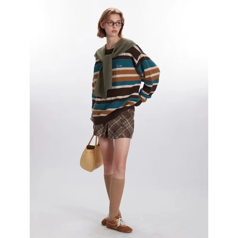 Nariele 2024 осенне-зимний винтажный радужный свитер женский топ полосатый вязаный