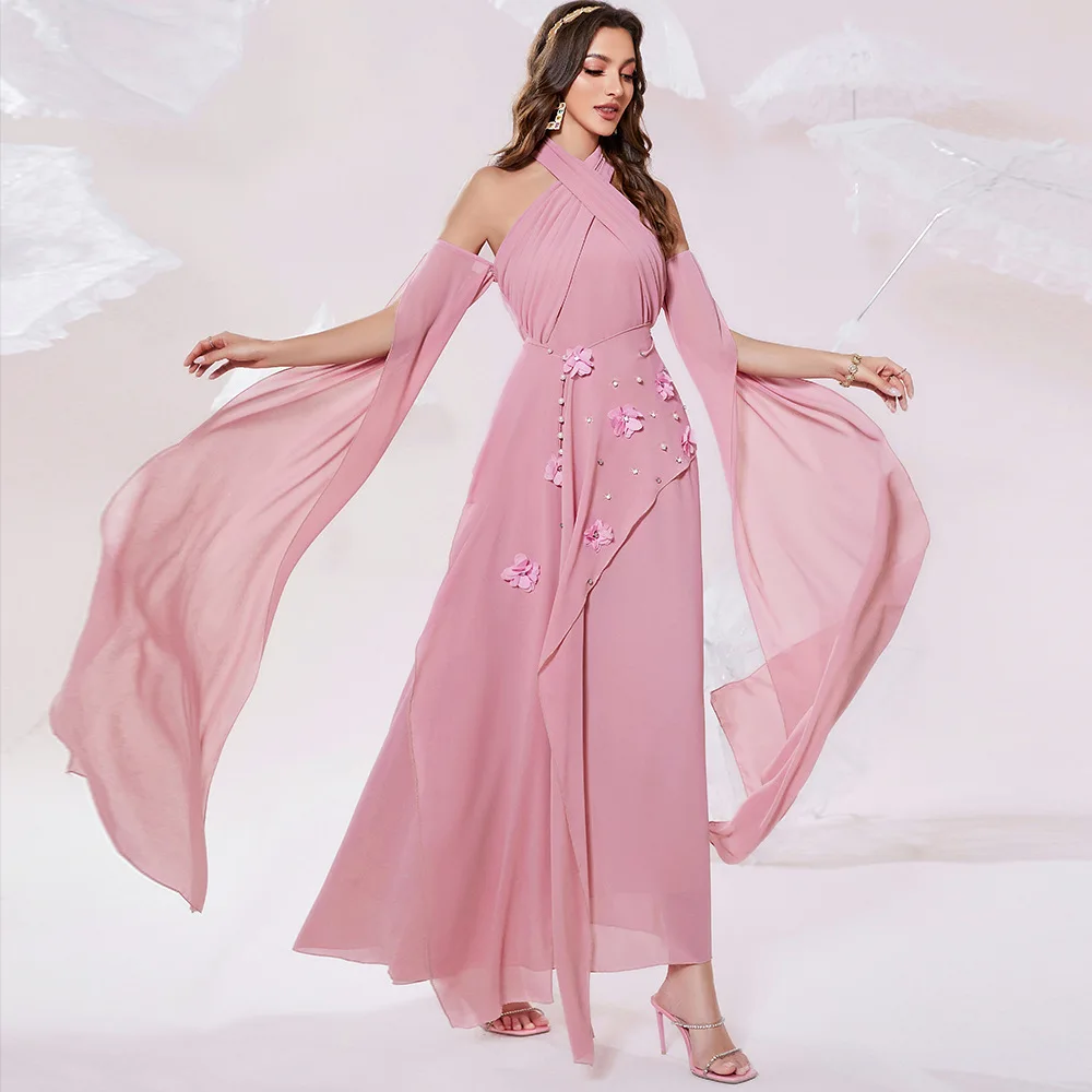 Flower Muslim Off Shoulder Sexy Arabic Dresses For Women 2022 Backless Halter Solid Color Abaya Dubai Long Soft Islamic Dress