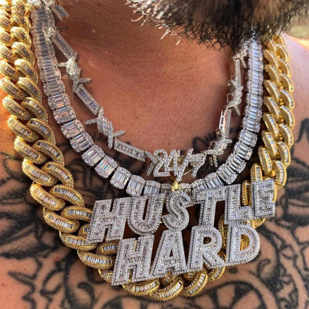 

2022 Iced Out Bling 5A Cubic Zirconia Cz Paved Hustle Hard Letter Pendent Necklaces With Rope Chain Hiphop Rock Jewelry For Men