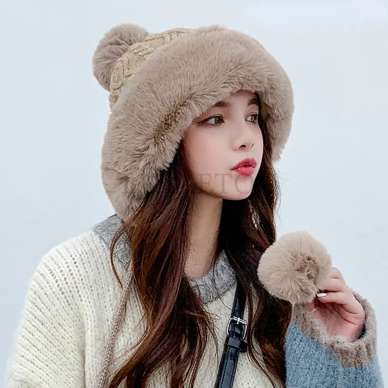 

New Pompom Winter Hats For Wome Earmuffs Thicken Ear-flapped Hat Fleece Lined Girl Knit Bonnets Cute Ladies Ear Beanies Cap