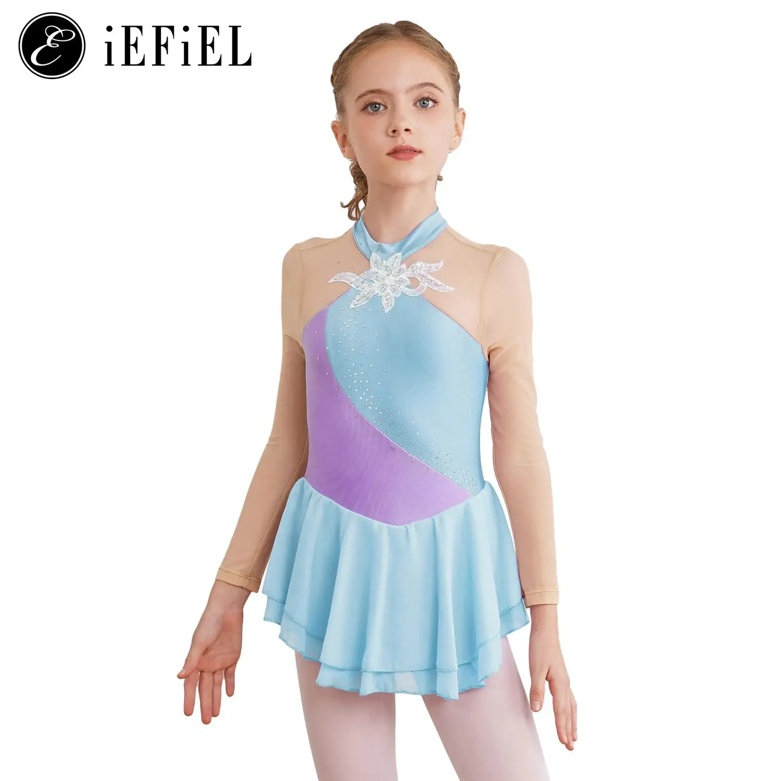 

Kids Girls Shiny Rhinestone Applique Long Sleeve Figure Skating Dress Leotard Ballet Dance Roller Skating Costume Dancewear