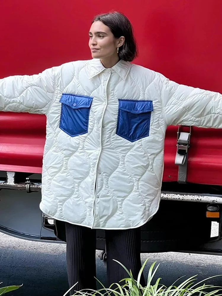 Warm Color Patchwork Women Parkas Jacket 2022 Autumn Winter Casual Loose Single Breasted Lady Commuter Cardigan Coat with Pocket