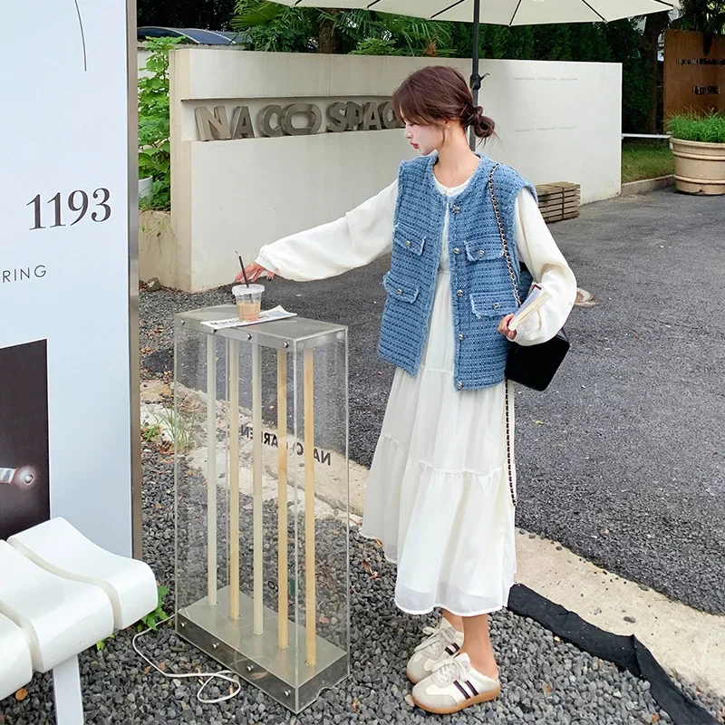 Элегантное Длинное Платье на ощупь комплект из 2 предметов джинсовое