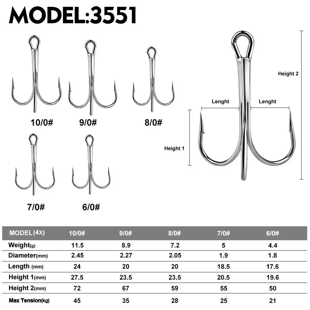 10pcs 4X 3551 6/0#-10/0# Super Sharp Strengthen ORIGIN Bright Tin Hook Treble Fishing Hooks High Carbon Steel peche Pesca Tackle 2
