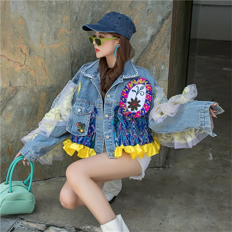 Женская короткая джинсовая куртка Весенняя Повседневная с длинным рукавом и