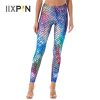 new womens fashion leggings mid waist elastic waist sport yoga skinny pants mermaid fish scale fin printing leggings trousers