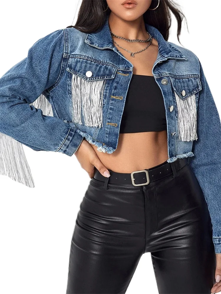

Thorn Tree Fashion Women Short Coats Denim Jackets Long Sleeve Tassels Patchwork Button Jackets Casual Streetwear Outerwear 2022