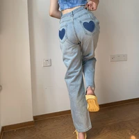 hxjjp 2022 summer autumn new love patch designs jeans womens loose straight wide leg trousers female denim pants