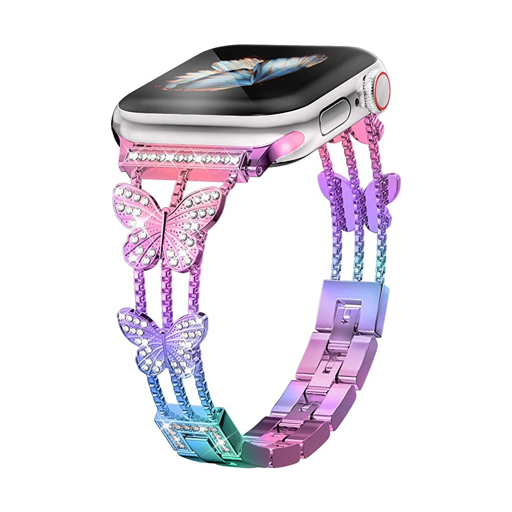Xasiy Compatible With Apple Watch Strap 38mm 40mm 41mm 42mm 44mm 45mm 49mm Vrystal Sparkly Butterfly Girls Jewelry Metal Band