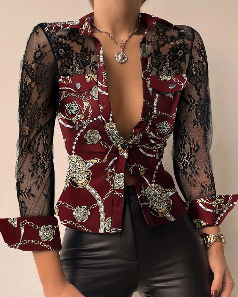 

Women Print Shirt Tops Lace Button Down Long Sleeve Colorblock Perspective Contrast Tight Sexy Chain Baroque Tops