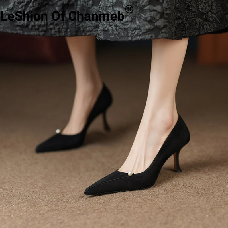 

LeShion Of Chanmeb Sheep Suede Stilettos Pumps Women Pearl Decor High Heeled Shoes Woman Office Career Classic Shoe Purple Heels
