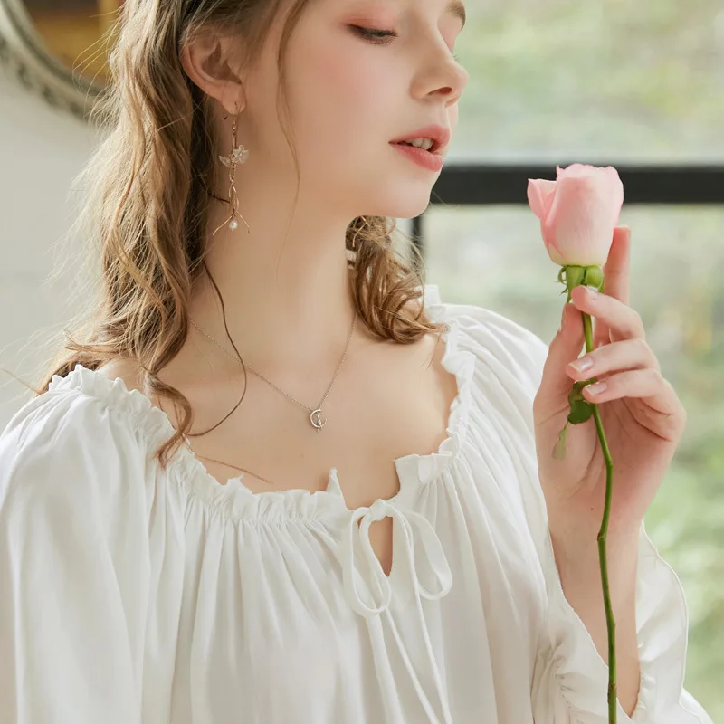 Roseheart Women Female White Pink Sexy  Sleepwear Night dress Long O Neck Homewear Nightwear Nightgown Sleepwear XL