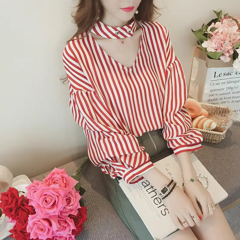 

Pretty and Cheap Women's Blouses Chiffon Fashion Casual Trends Youth Stripe Top Satin Shirt Woman Particular Vintage Long Sleeve