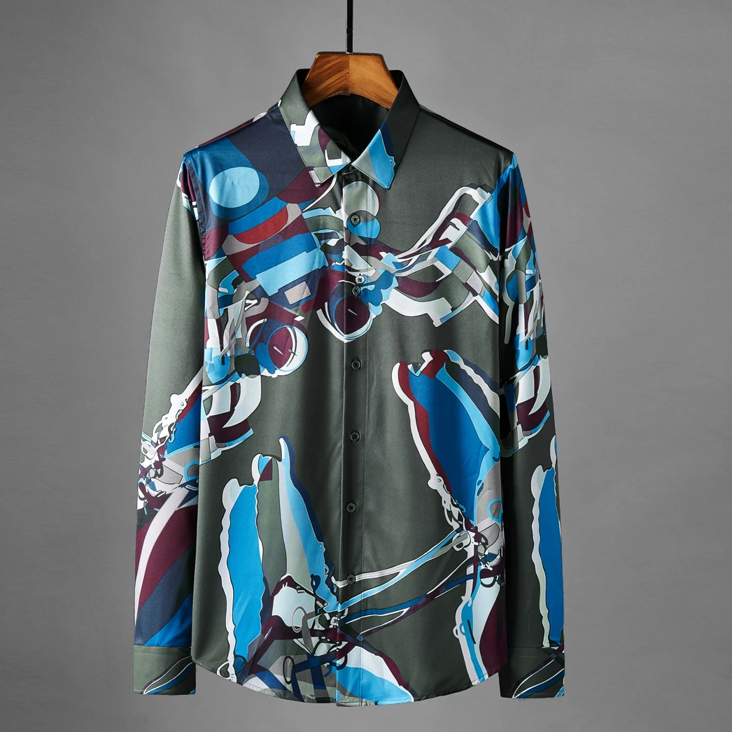 

High Quality Print Silk Shirt Men Long Sleeve Slim Casual Shirt Business Social Formal Dress Shirts Streetwear Party Tuxedo Tops