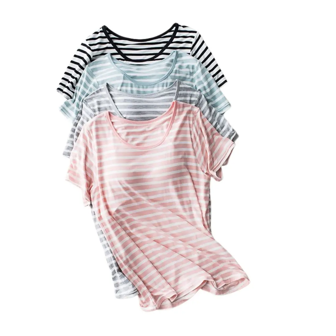 

Women's Tops Chest Pad One-Piece Bra Cup With Bra Slim Stripe T Shirt Female Summer T-shirt Bottoming Shirts Women's Sleep Tops