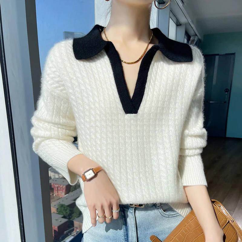 Пуловер с V-образным вырезом Женский свитер из 100 шерсти однотонный вязаный
