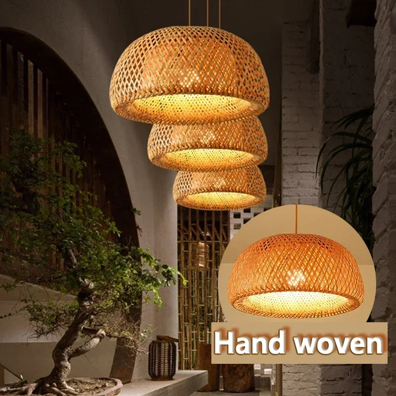 

[2PCS]Bamboo Lampshade Led Pendant Lamp Natural Rattan Wicker Ceiling Chandeliers Hand Woven E27 Lighting Fixtures Hanging Light