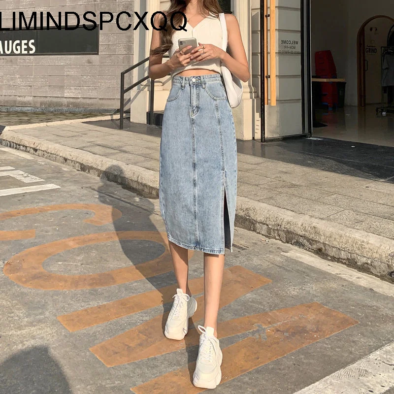 

Женская джинсовая юбка с запахом, привлекательная Длинная летняя мини-юбка средней длины с разрезом и высокой талией в Корейском стиле, облегающая винтажная тонкая юбка, 2023