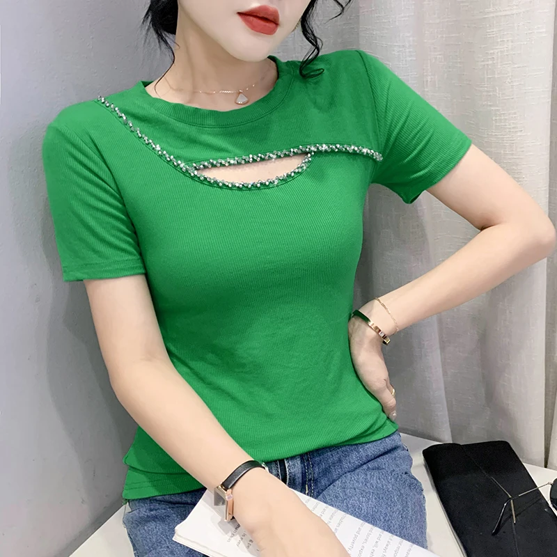 

Летняя европейская одежда, повседневная футболка, сексуальные элегантные женские топы с блестящими бусинами и вырезами, рубашка с коротким рукавом, облегающие футболки 941