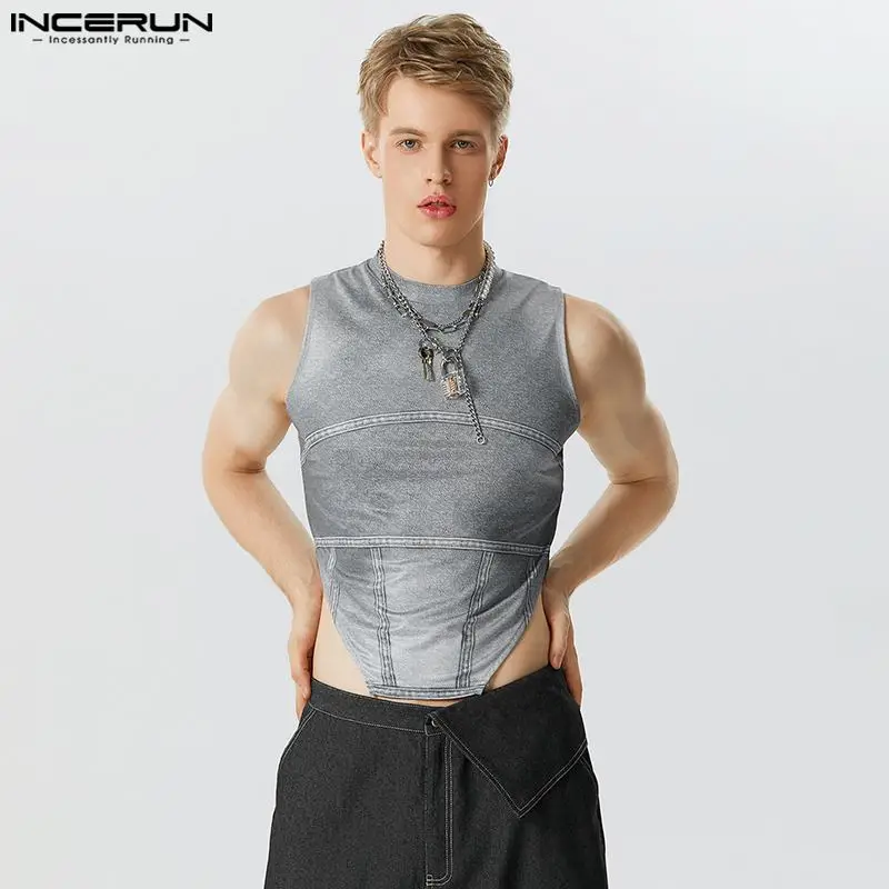 

Мужской симметричный дизайнерский жилет в американском стиле с имитацией джинсовой ткани, повседневные Модные майки в стиле пэчворк, женские топы 2023