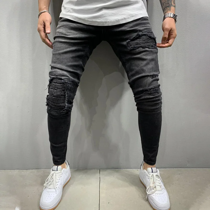 Fashion Ripped Jeans Men Solid Stretch Pleated Biker Trousers  SKinny Casual Pants Black High Street Streetwear Jeans for Men