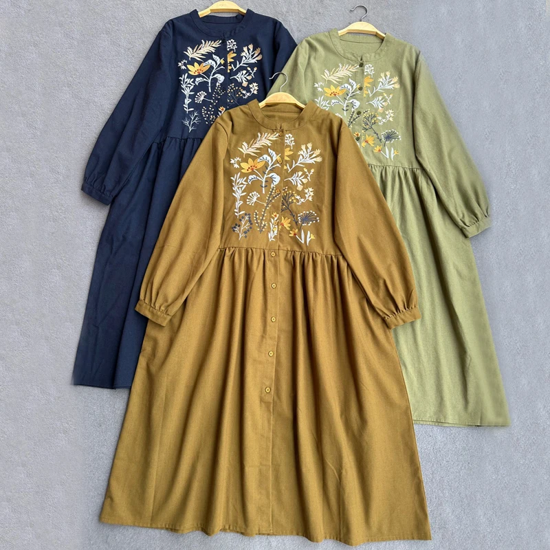 

Женское платье с вышивкой в стиле мори Johnature, хлопковое свободное винтажное платье в японском стиле на пуговицах, для осени и зимы, 2023