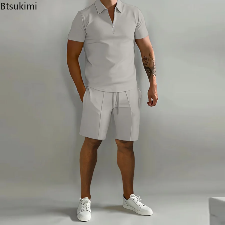 New Summer Men's POLO Shirt 2-piece Suit Casual Solid Color T-shirt and Shorts Sleeve Lapel Tops And Shorts Men Sports Clothing