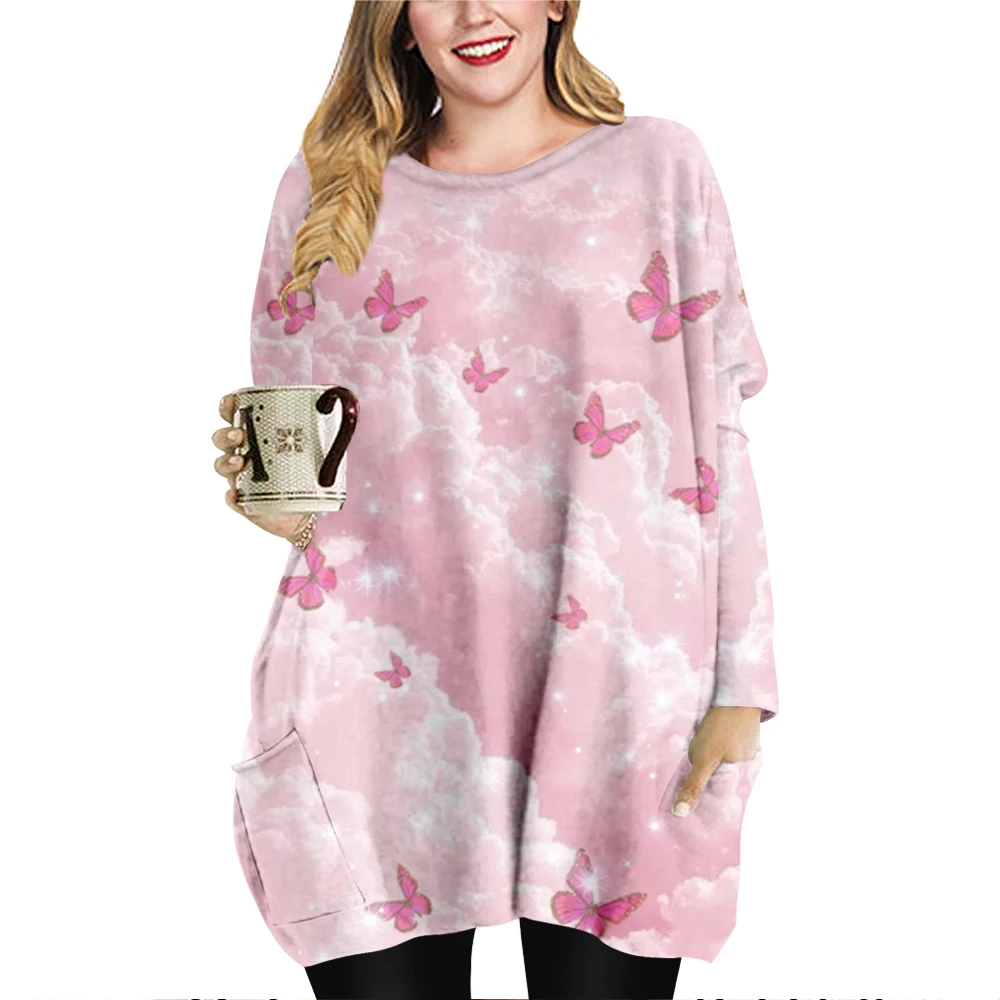 

New Spring Fall Women Mini Dresses Loose O-neck Long Sleeve T-shirt Printing Dress Ladies Dress Tops Plus Size