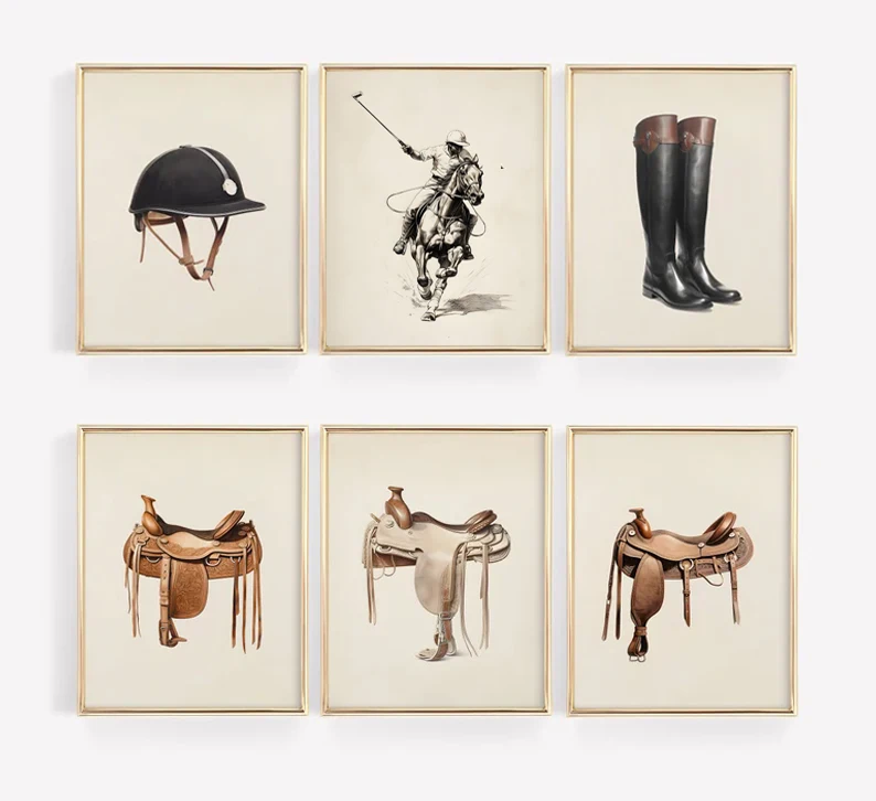 Поло в античном стиле Лошади Райдер травление Спорт Конный поезд галерея плакат