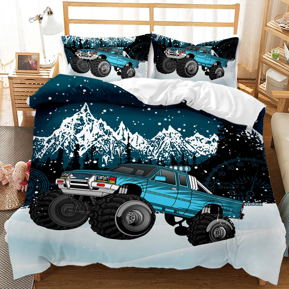 Truck Duvet Cover Set Automobile Blue Monster Pickup Off Road Vehicle Bedding For Boys King Size Polyester Quilt