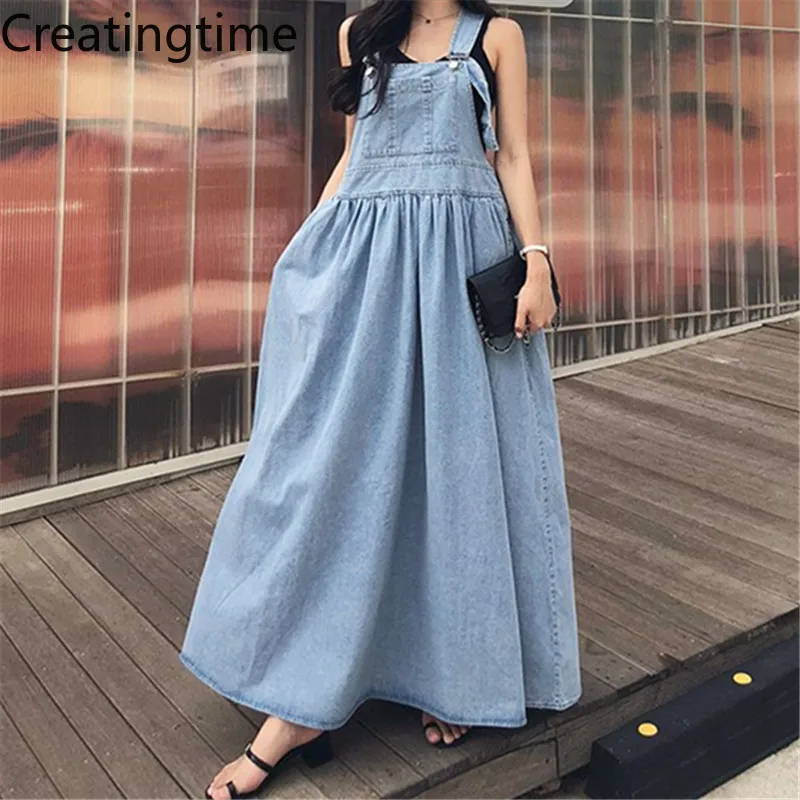 

Creatingtime 2022 Spring Summer New Fashion Trend Women's Denim Suspender Skirt Loose Long A-line Casual Suspender Dress GA188