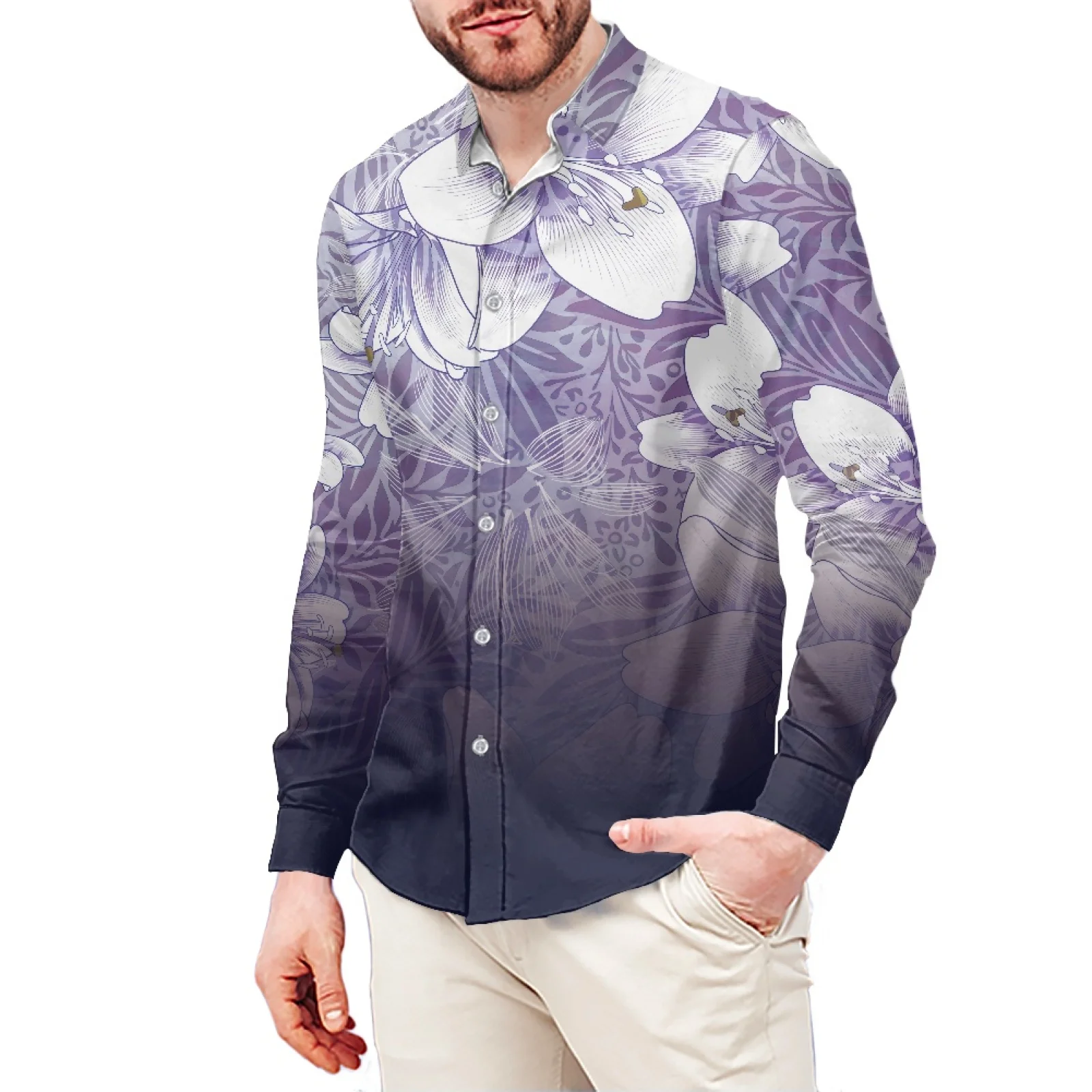 Purple Hibiscus Print T-Shirt Polynesian Samoa Hawaiian Style Long Sleeve Shirt Men's Dress Shirt Wedding S-6xl Fall/Winter