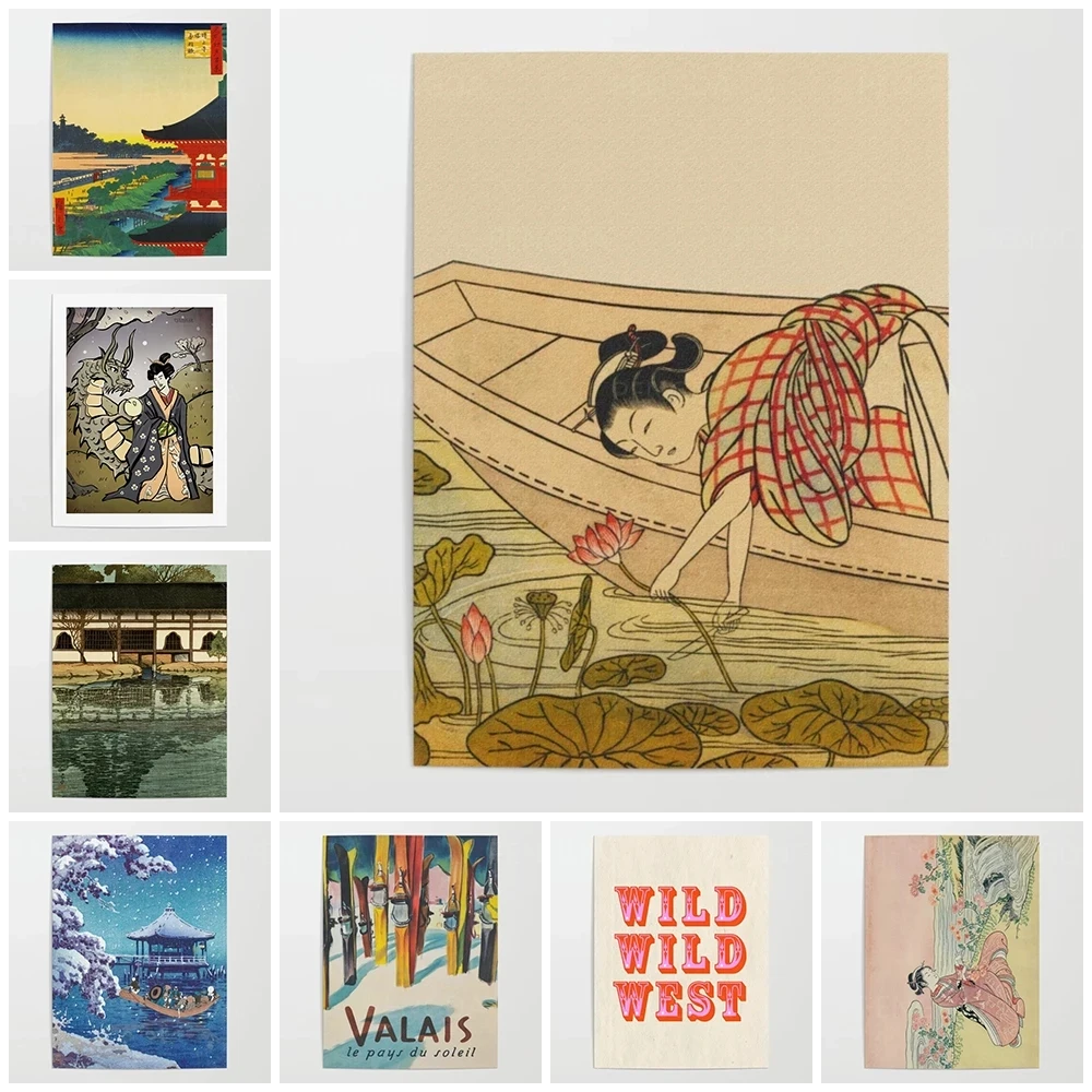 

Home Decor Wall Art Temple Canvas Ukiyo Dragon Painting Vintage Print Woman Posters Scenery Modular Picture Bedroom No Framework