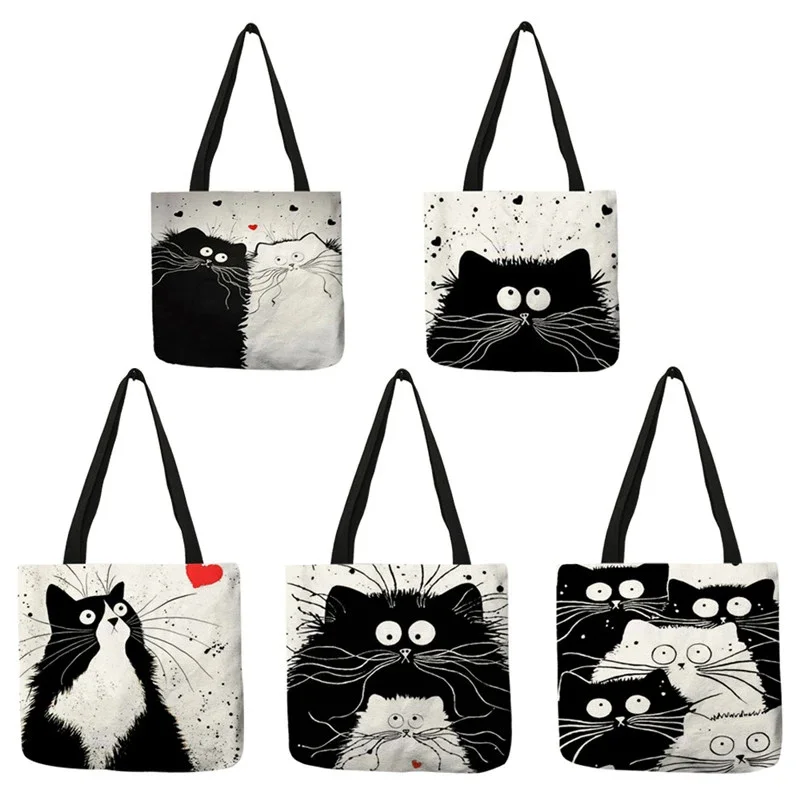 

Customized Tote Shopping Bag Cute Cat Printing Women Handbag Linen Totes with Print Casual Traveling Beach Bags