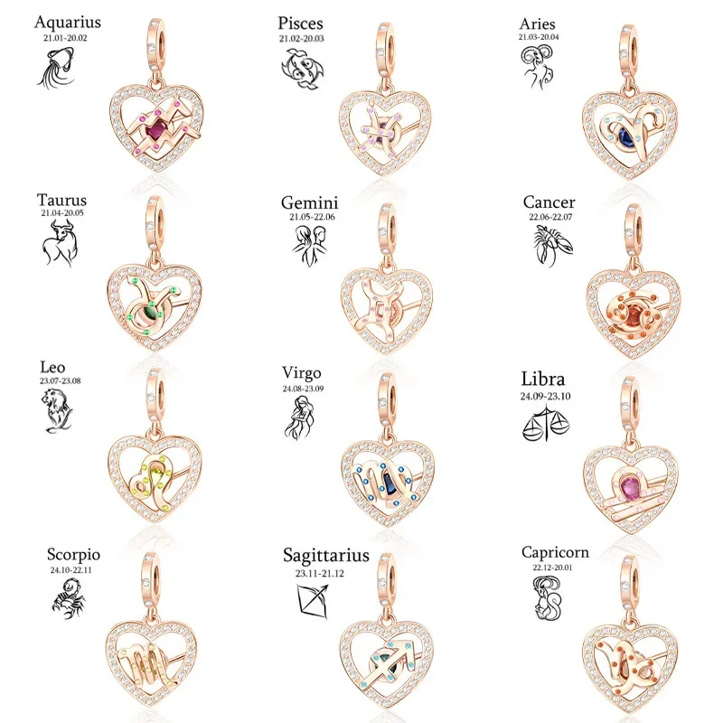 Подвеска В Форме Сердца Из Розового Золота 925 Пробы С Двенадцатью Знаками Зодиака