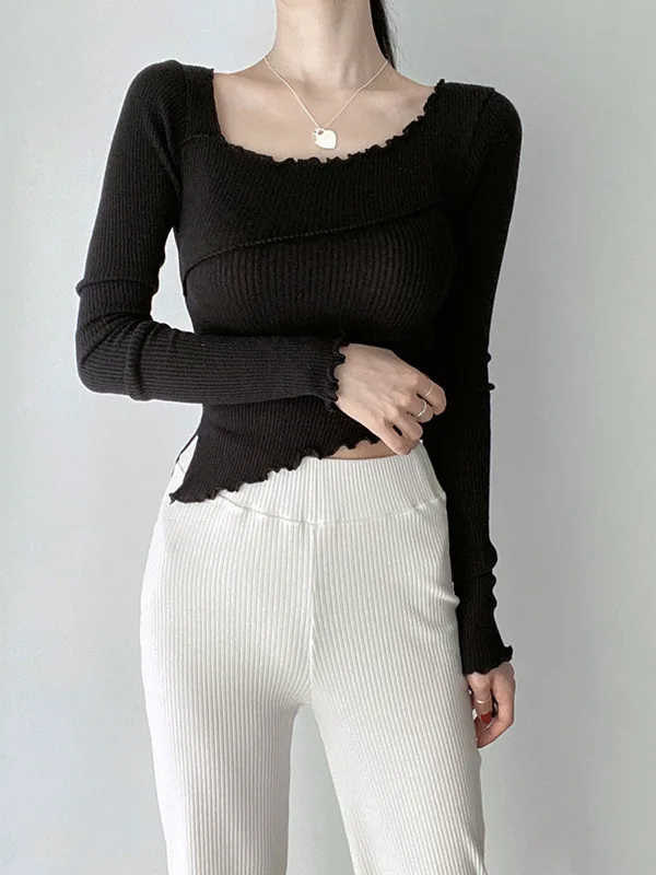 

Women Tops Autumn New Slim Fit Sexy Round Neck Edible Tree Fungus Flare Sleeve Split Bottom Long Sleeve Bottom T-shirt Girl EZGJ