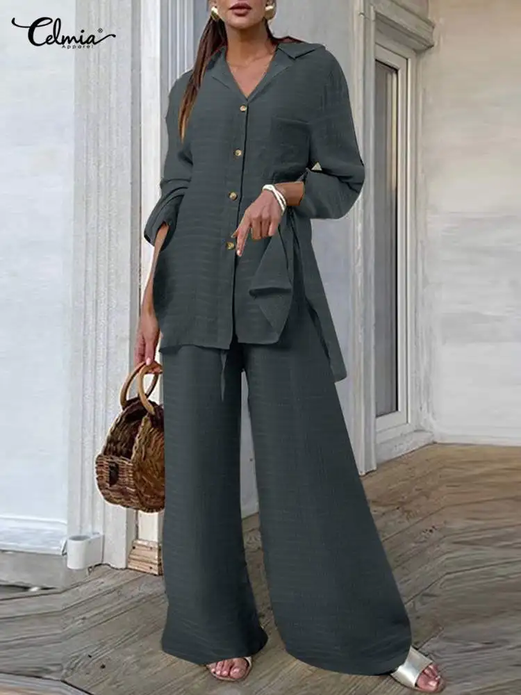 

Celmia Casual Top and Pant 2pcs Pant Sets Women Fashion Lapel Side Slit Long Shirts Outfits Streetwear Wide Leg Pant Tracksuits