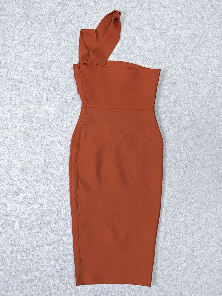 BEAUKEY 2020 Autum Sexy Elegant Brown HL Bandage Dress Bodycon Hollow Out Halter One Shoulder Vestido Midi Length Club Party XL | Женская