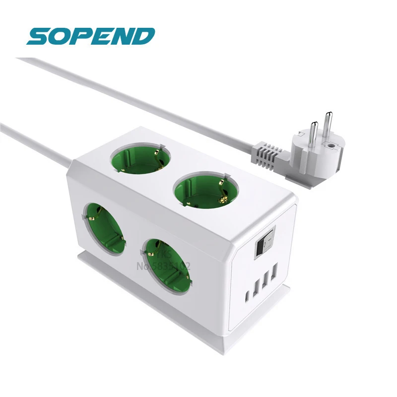 

Sopend Удлинитель с европейской вилкой, сетевой фильтр, 4 Usb C, 6 розеток Eu Plug Tower Защита от перенапряжения Розетка удлинителя 1,5 м Сетевой фильтр ...