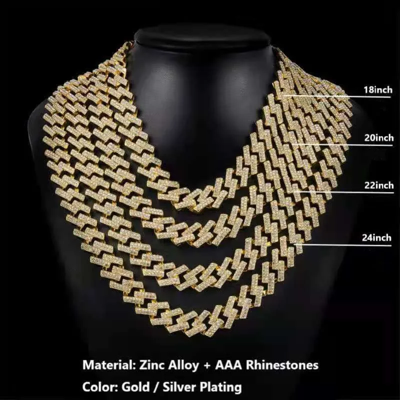 

Hip Hop Iced Out Chain Paved Rhinestones 15MM Miami Curb Cuban Chain CZ Bling Rapper Necklaces Bracelet for Men Jewelry Choker