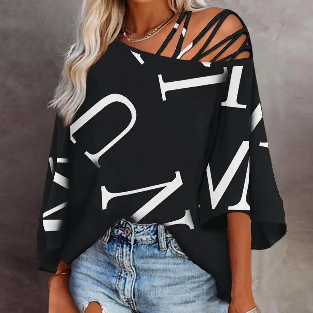 

Women's blouses Women Top Hollow Out One Shoulder Oblique Neck Letter Print Loose Three Quarter Sleeve Mid Length Soft Shirt