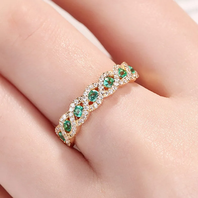 Popular wedding jewelry in Europe and the United States, set with emerald, zircon, rhinestone, gold-plated two-piece crown ring