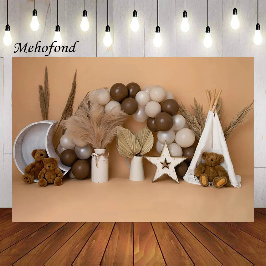 

Фон для фотографий Mehofond богемные пампасы трава медведь воздушный шар Дети 1-й день рождения торт разбивать Фотостудия