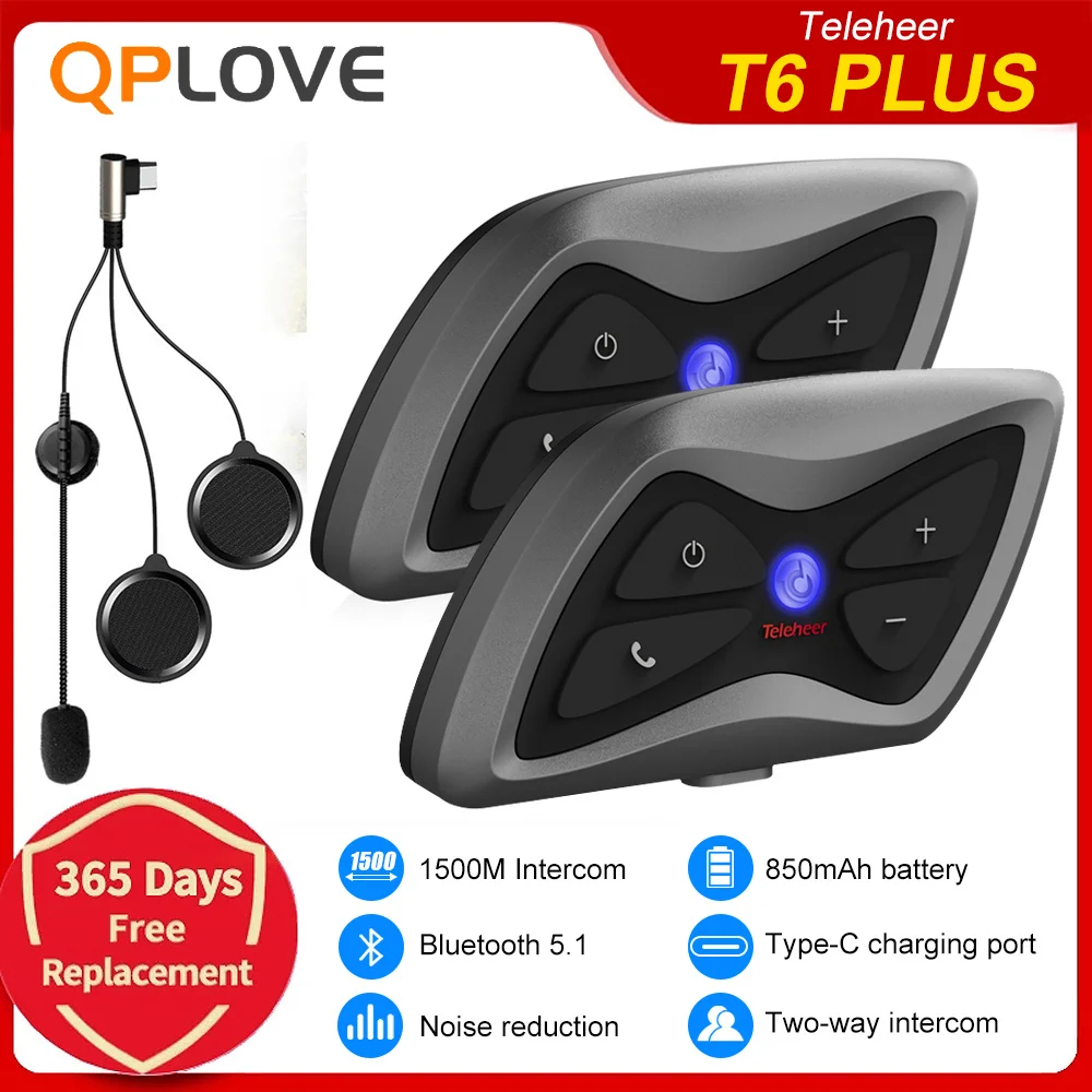 

Teleheer T6 Plus Helmet Intercom 1500M BT Interphone Communicator for 2 Riders Waterproof Type-C Interface