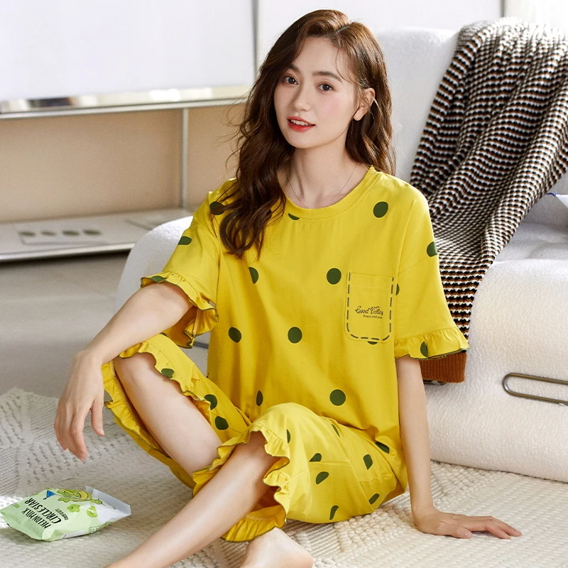 Kawaii Girls Summer Cotton Pajamas Set Leisure Cartoon Sleepwear Cute Print Women Pajama Cusual Calf Pant Loungewear for Youth