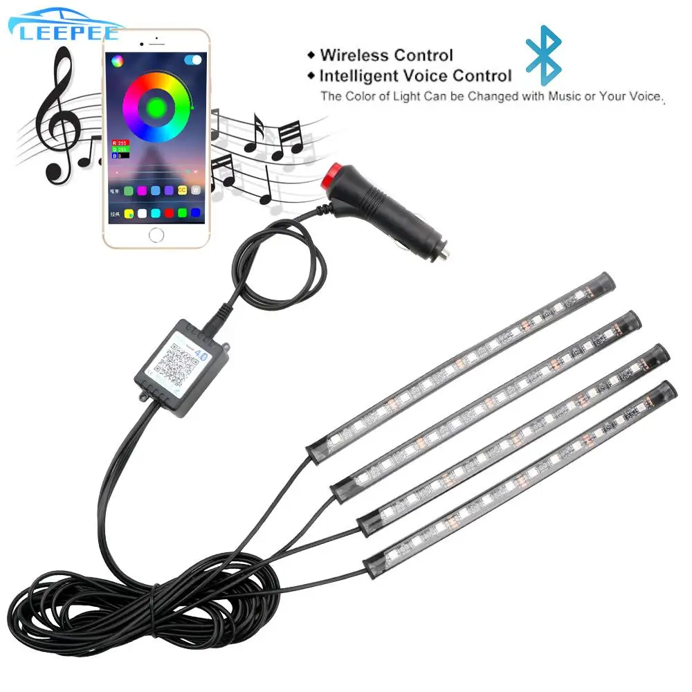 

App Bluetooth Control Car Interior Lights 4 in 1 RGB LED Strip Lights Sound Music Control Car Floor Atmosphere Lamp