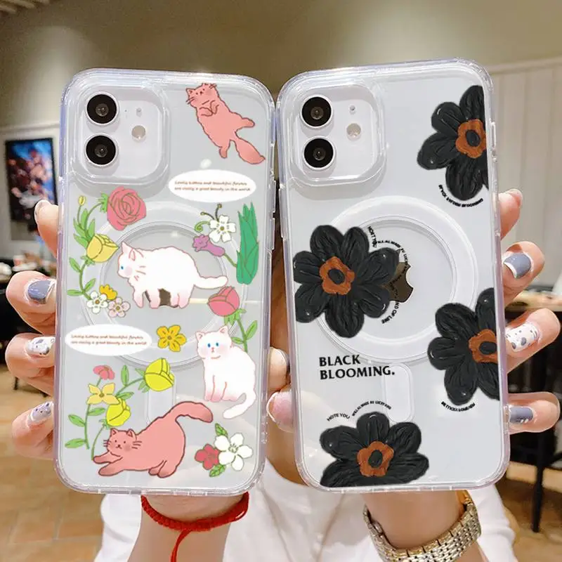 

cute animal flower Phone Case For iPhone 13 12 11 Mini Pro Max transparent Super Magnetic MagSafe Cover