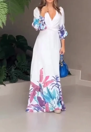 

New Dresses for Women 2023 Autumn Clothing Temperament Style Fashion Print V-Neck Long Sleeve Elegant Long Dress