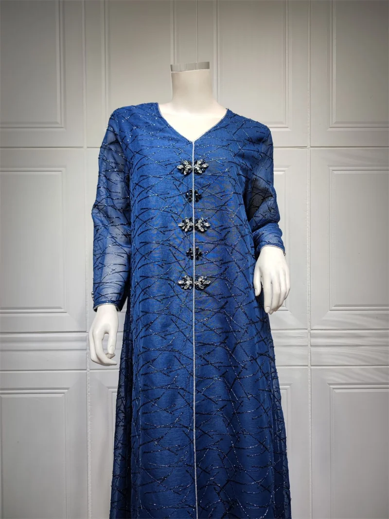 Dresses For Women 2022 V-Neck Long Sleeve Mesh Rhinestone Beaded Belted Morrocan Kaftan Dress Muslim Clothing For All Season